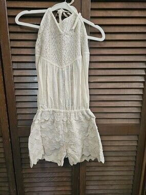 Signature8 Cream Crochet Lace Halter Romper